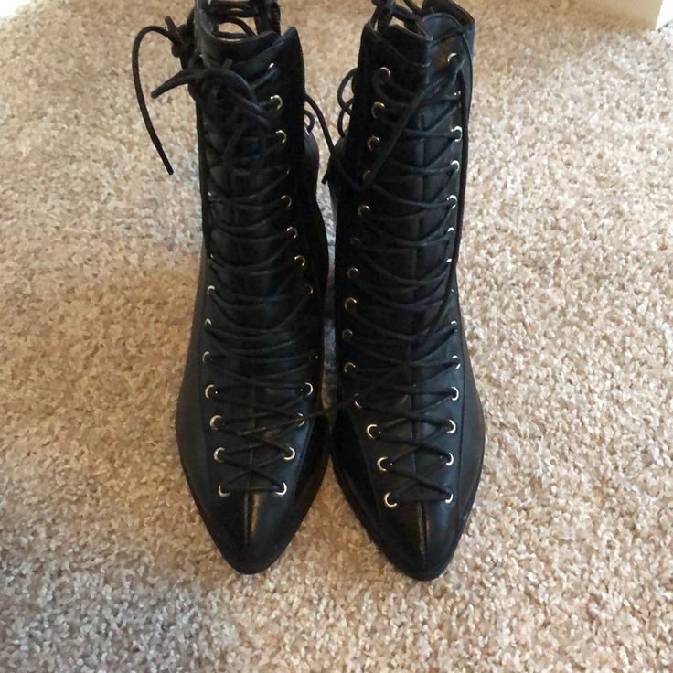 Never Worn Size 11 Fits Like A Size 10-10.5 Small Peel On Toe Edgy Fitted Lace-up Boots With Pointed Toe, Black Lace-up Boots For Party, Black Formal Boots With Front Lace-up Fastening, Formal Black Boots With Lace-up Fastening, Formal Black Boots With Front Lace-up Fastening, Edgy High Heel Lace-up Boots For Spring, Edgy Lace-up Boots For Party, Edgy Lace-up Party Boots, Black Pointed Toe Boots With Laces