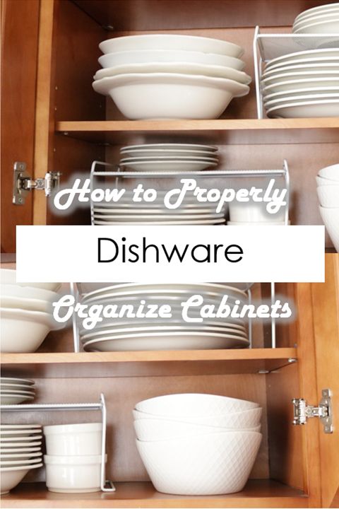 dishware is organized in an open cabinet with the words how to properly dishware organize cabinets