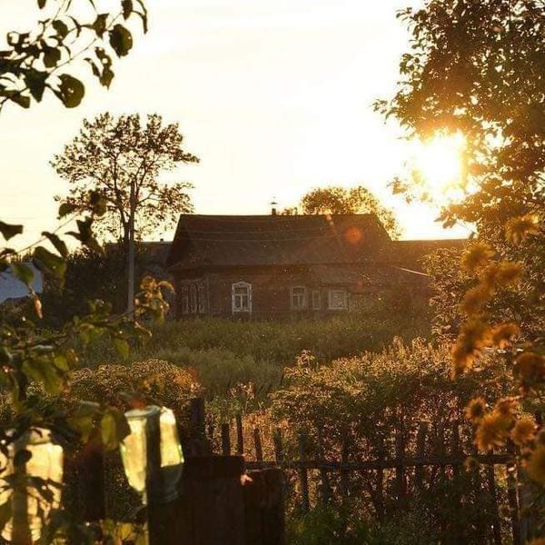 the sun shines brightly on an old farm house in rural area with tall grass and trees