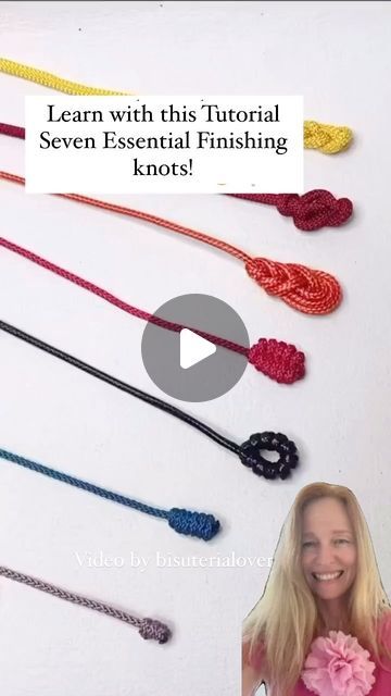 a woman is smiling and surrounded by different types of crochet necklaces with the words learn with this tutor seven essential finishing knots