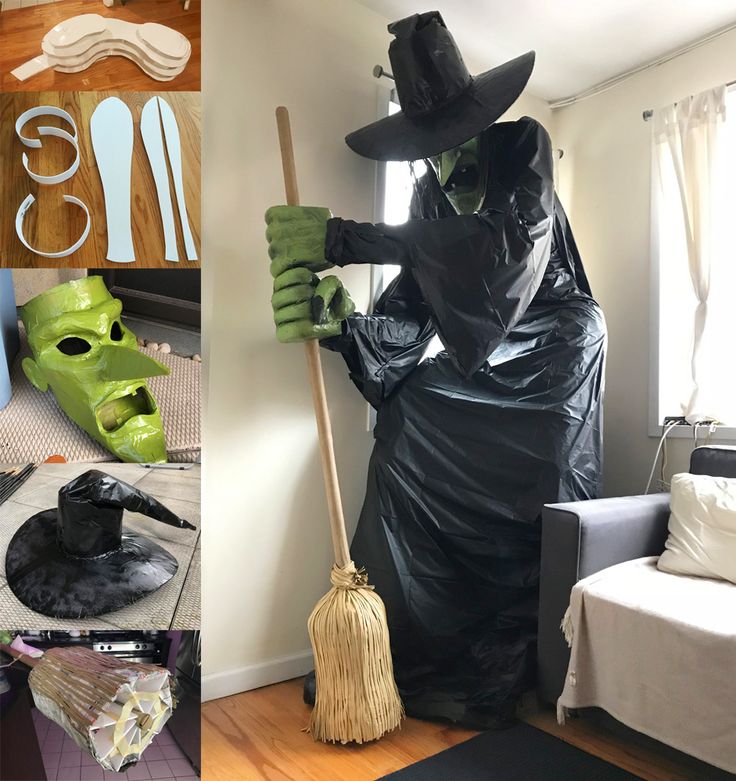 a collage of photos with masks, brooms and other things to make it look like halloween