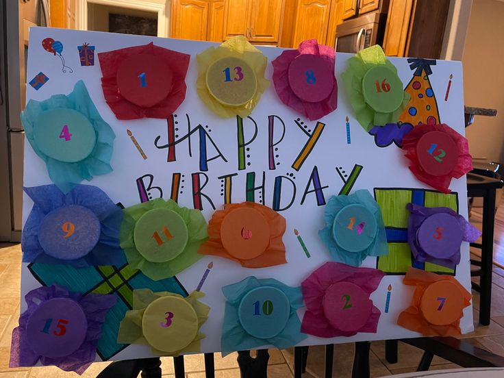 a birthday sign with paper flowers on it