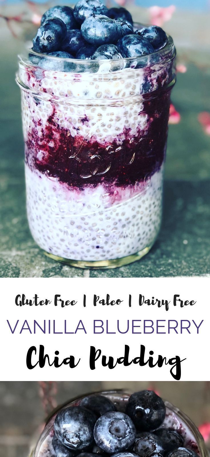 blueberry chia pudding in a glass jar with text overlay