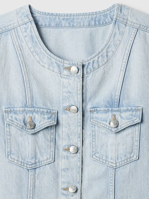 Collarless Denim Jacket Denim Jacket Street Style, Collarless Denim Jacket, Chinese Collar, Collarless Jacket, Water Saving, Denim Jacket Women, Stretch Denim, Round Neckline, Denim Jacket