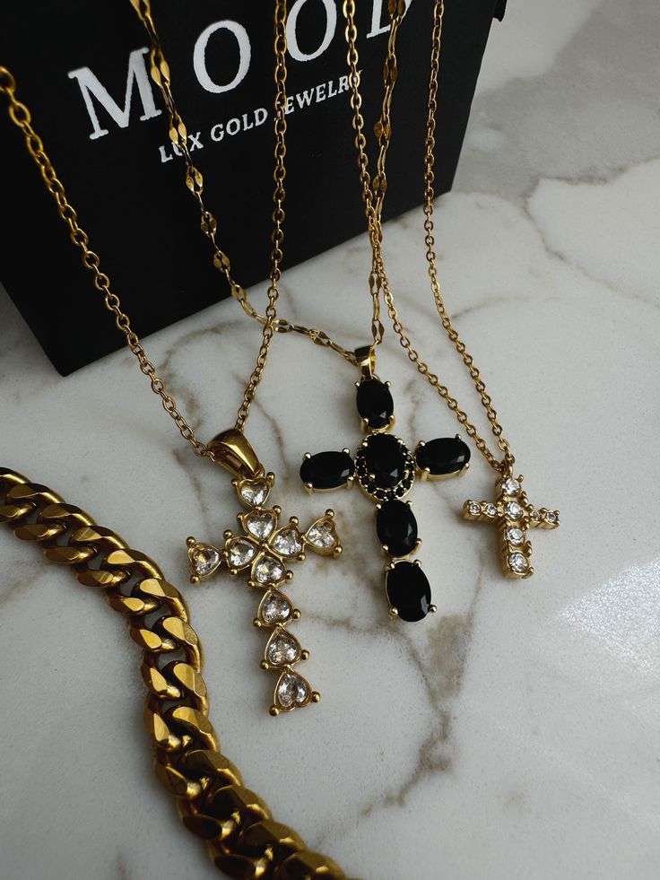 Small Cross 18k Rich Gold Plated Stainless Steel Filled Water-resistant Tarnish Free Safe to wear in the shower Hypoallergenic for my sensitive skin girls. Gothic Cross Necklace, Black Cross Necklace, Gothic Crosses, Small Crosses, Black Noir, Sensitive Skin, Cross Necklace, Gold Plate, Water Resistant