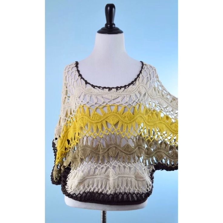 Ryu Crochet Top Medium New Kimono Sleeve Loose Open Stretchy Knit Cream, Yellow, Gold, Brown Length 21 Inches Measured Shoulder Seam To Hem Bust 38 Inches With Extra Room Has Stretch Never Worn Label Size States S/M Yellow Crochet Top With Crochet Trim For Spring, Spring Yellow Crochet Top With Crochet Trim, Casual Yellow Crochet Lace Top, Yellow Crochet Lace Top For Summer, Yellow Tops With Crochet Trim For Spring, Casual Yellow Tops With Crochet Lace, Casual Yellow Top With Crochet Lace, Yellow Casual Top With Crochet Trim, Casual Yellow Crochet Top