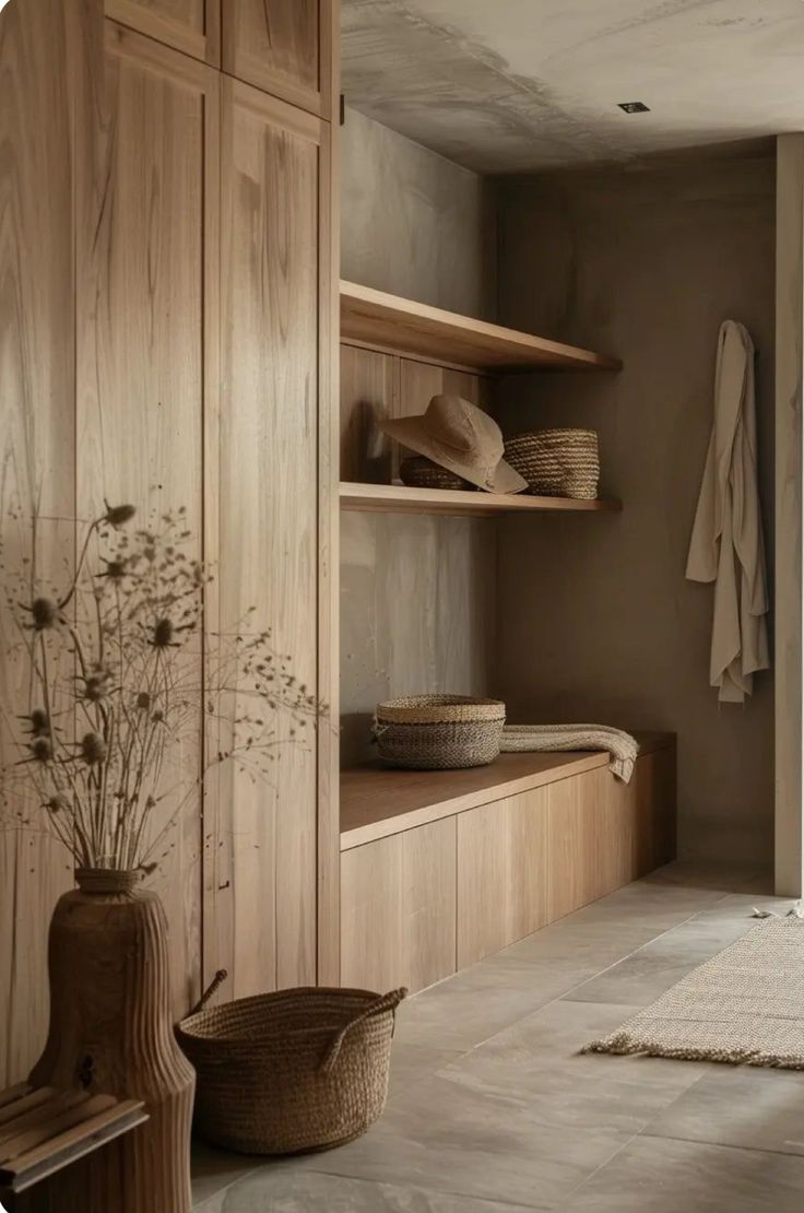 an empty room with wooden shelves and baskets on the floor, in front of a door