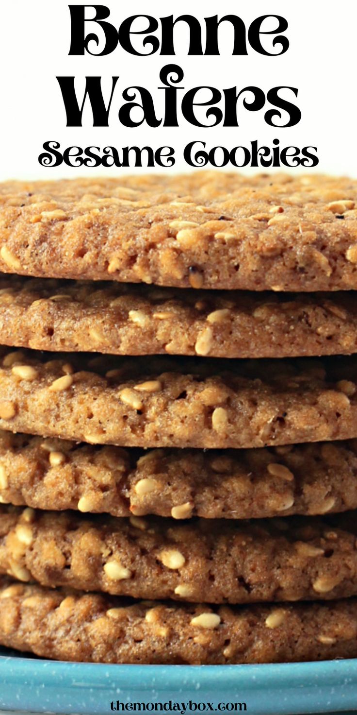 a stack of cookies on top of a blue plate with the words, behne wafers sesame cookies