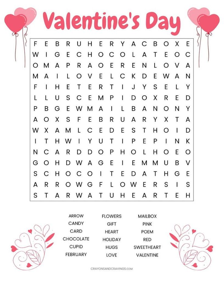 valentine's day word search page with hearts on the top and bottom, in pink