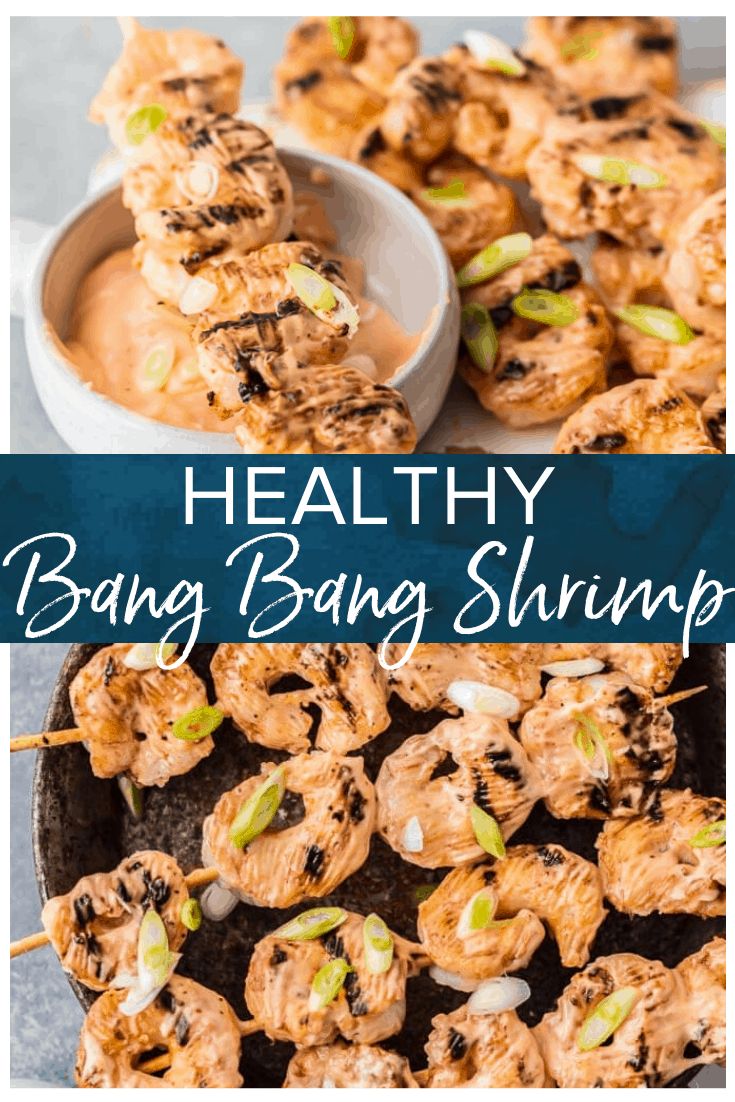 healthy bang bang shrimp skewers with peanut butter sauce on top and in the background