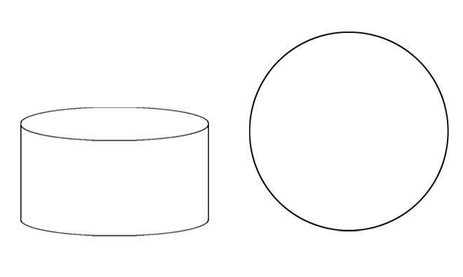 a line drawing of a round and a cylindrical object on a white background, with one circle in the center