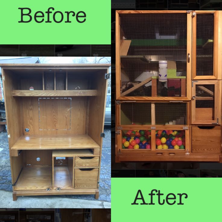 before and after photos of a wooden hutch with balls in it