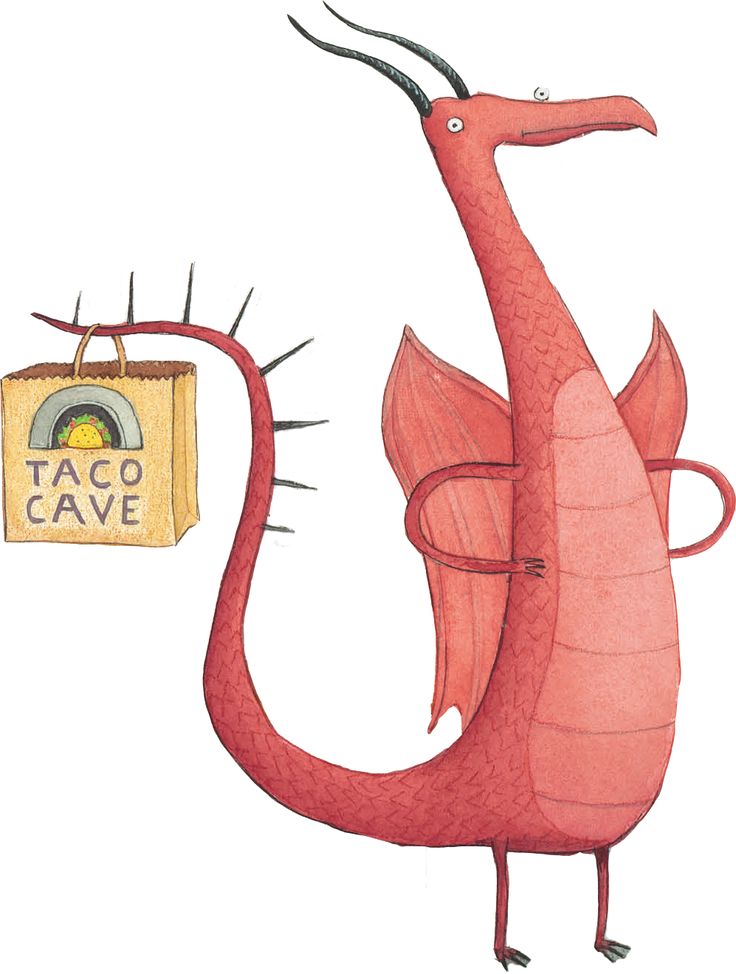 a red dragon is holding a taco cave sign in it's right hand