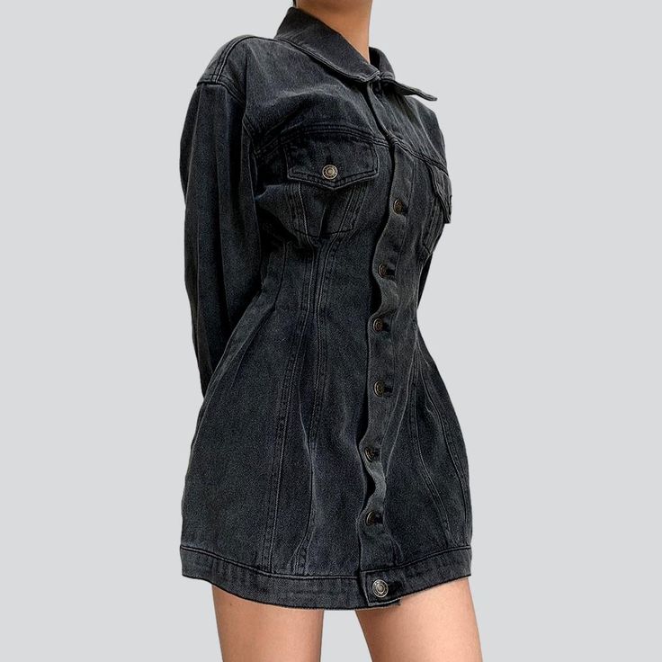 Introducing the 2023 Spring-Summer Collection's Single-breasted Mini Denim Dress ââ‚?a denim dream for the new age!Why You'll Love ItThis 90s-inspired denim dress is a chic blend of everlasting underground and contemporary modern. The stonewashed fabric and unique distressed pattern capture a natural and punkish edge while the sleek slim fit adds refinement. The zippered closure and stylish button duo ensure functionality and flair. making it the perfect day-to-night piece!Distinctive Features: Summer Dark Wash Denim Dress With Buttoned Pockets, Trendy Dark Wash Knee-length Mini Dress, Trendy Knee-length Dark Wash Mini Dress, Summer Cotton Denim Dress With Buttoned Pockets, Dark Wash Cotton Mini Dress With Pockets, Fitted Button-up Denim Jacket For Summer, Dark Wash Mini Dress With Pockets, Dark Wash Mini Dress With Button Closure, Summer Mini Dress With Buttoned Pockets