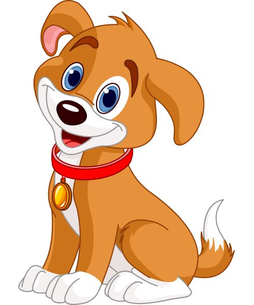 a cartoon brown dog with blue eyes and a red collar, sitting on the ground