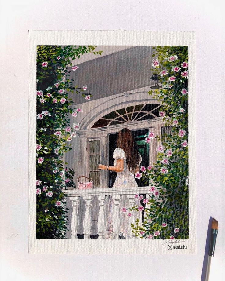 a painting of a woman standing on a balcony looking out the window at pink flowers