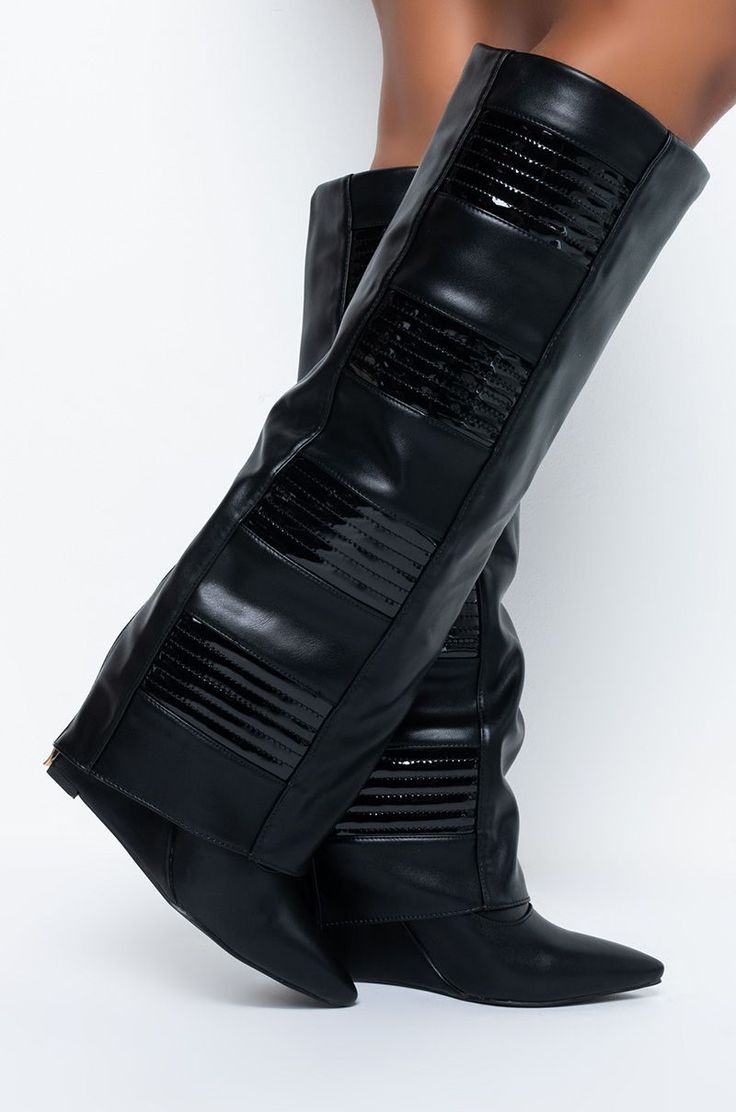 black faux leather fold over silhouette pointed toe wedge boots Rave Boots, Hidden Wedge Boots, Chunky Platform Sandals, Azalea Wang, Pointed Toe Boots, Black Heel Boots, Colorful Shoes, Black Wedges, Fall Shoes