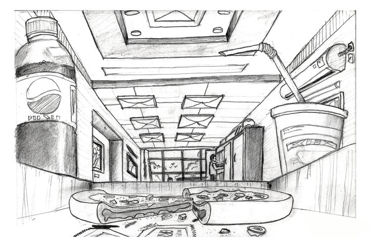 a pencil drawing of a room with two couches and some trash cans on the floor