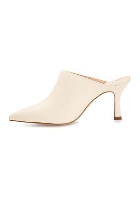 A dreamy statement piece everyone needs, the Shiyza heel by Journee Collection. This iconic slip-on mule is crafted with supple vegan leather and a padded insole. A stiletto heel supports this pointed-toe design for a modern look. | Journee Collection Women's Shiyza Pumps, 11M Spring Office Slip-on Heels, Chic Pointed Toe Synthetic Mules, Chic Slip-on Mules With Pointed Toe, Fitted Slip-on Mules With Padded Heel, Cream High Heel Mules, Elegant Slip-on Faux Leather Mules, Spring Sculpted Heel Faux Leather Heels, Elegant Faux Leather Slip-on Mules, Spring Faux Leather Heels With Sculpted Heel