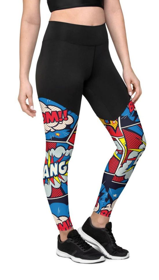 These compression fabric sports leggings are a must for medium to high-intensity workouts. They're soft, comfy, and chic—ideal for anyone who enjoys an active lifestyle. • Compression fabric • Non-see-through and squat-proof • Sewn-in gusset • ⅞ length • High-waisted • Slimming effect and a butt-lifting cut • Double-layered belt • Size up if you’re between sizes as compression fabric can be tight on the body • Pocket in the back part of the belt suitable for top phone models, eg. iPhone 12 Size Trendy Compression Yoga Pants For Sports, Athleisure Stretch Activewear With Graphic Print, Athleisure Activewear With Graphic Print Stretch, Trendy Sports Tights, Black Graphic Print Yoga Activewear, Trendy Compression Sports Tights, Trendy Compression Tights For Gym, Superhero Comics, High Intensity Workout