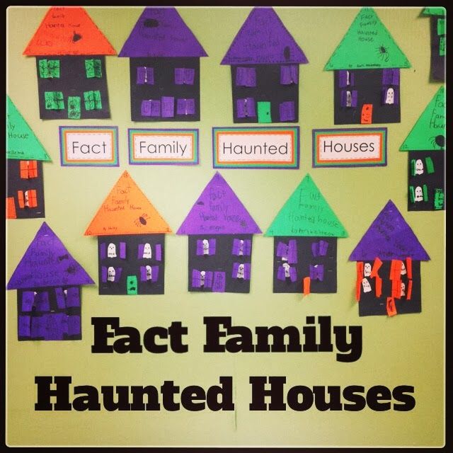 a bulletin board with houses and the words fact family painted on it in different colors