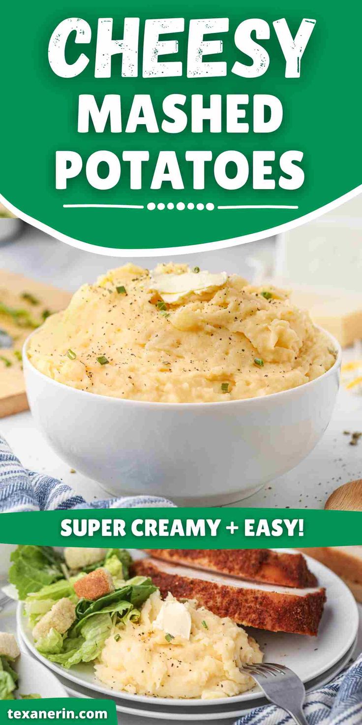 cheesey mashed potatoes recipe with text overlay