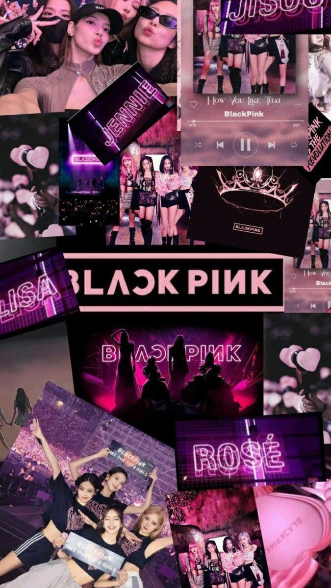 the collage is full of photos and text that says blackpink, but it's pink