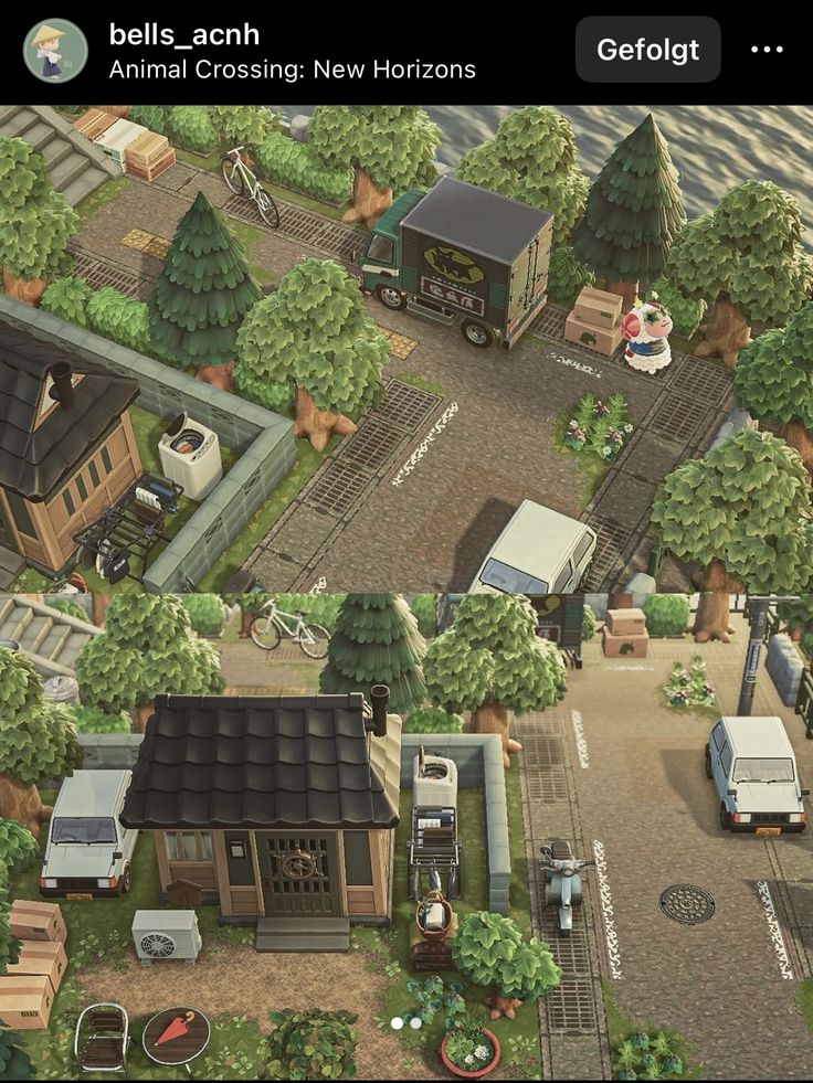 an aerial view of a small town in the game animal crossing new horizonss, with vehicles and people