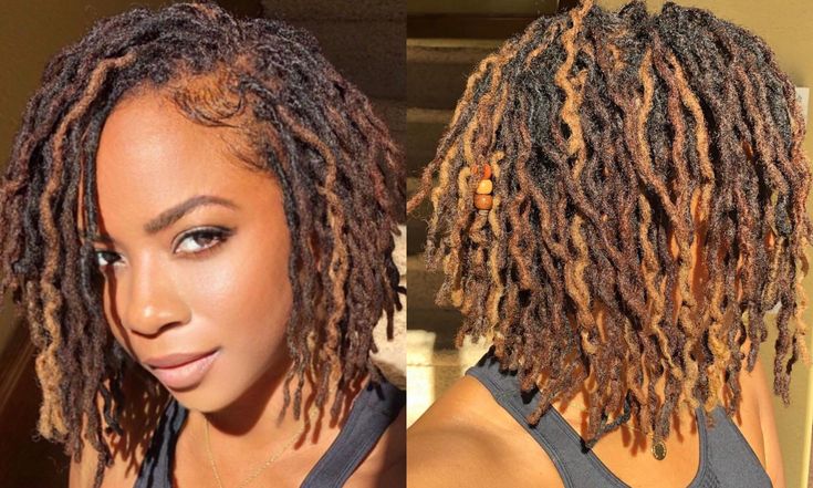 Layered Locks Haircut, Brown Ombre Locs Black Women, Microlocs With Highlights, Locs Hair Color Ideas, Fall Color Locs Black Women, Highlighted Locs, Balayage Locs, Ombre Locs Black Women, Loc Highlights Black Women