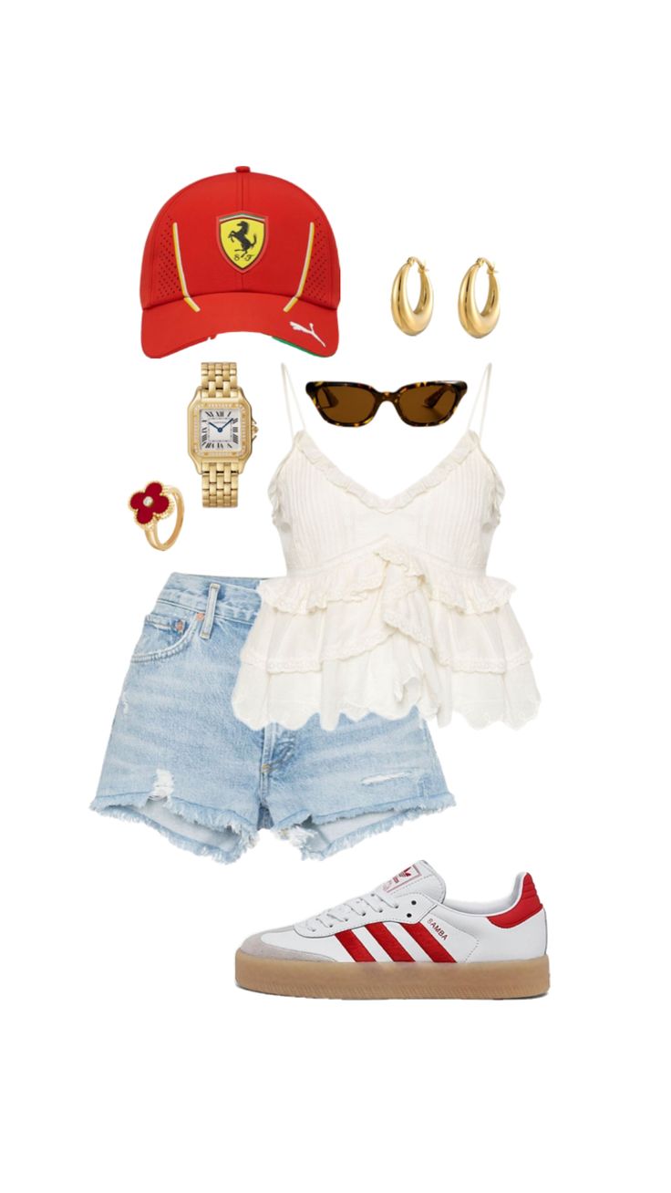 #outfitinspo #f1 #f1ferrari #grandprix Race Outfit, Race Day Outfits, Clothing Upcycle, Color Combos Outfit, Cute Preppy Outfits, Cute Comfy Outfits, Young Fashion, Basic Outfits, Preppy Outfits