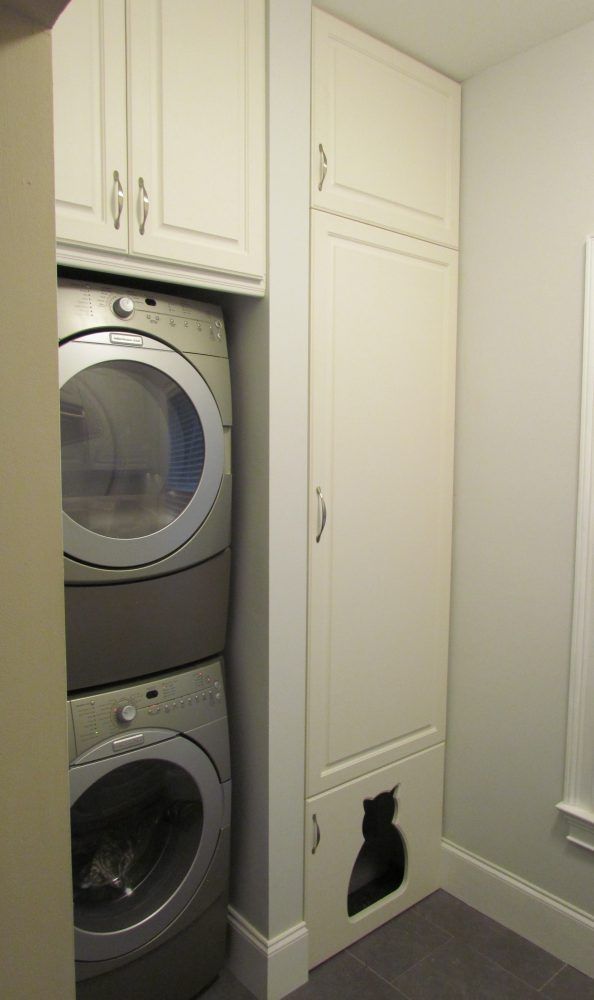 a black cat sitting in the corner of a laundry room next to a washer and dryer