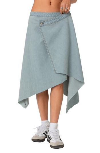 A novel closure creates a swingy silhouette for a midi skirt cut from nonstretch denim and finished with an unfinished edge. One-button closure; back elastic waist 100% cotton Machine wash, dry flat Imported Blue Fits, Denim Midi Skirt, A Novel, Nordstrom Store, Anniversary Sale, Women Skirts Midi, New Shoes, Womens Bottoms, Midi Skirt