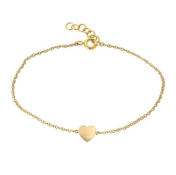 Beautifully handcrafted 14k solid gold heart bracelet available in yellow, white, and rose gold. Perfect solo or stacked, a fun and timeless everyday bracelet.Made in L.A.Size of Heart: Approx. 6mm(W) by 6mm(H)Total Weight : Approx. 1 gramShips in 4-7 business daysComes gift ready in a custom Zoe Lev jewelry box Minimalist Gold Heart Bracelet In Sterling Silver, Personalized Gold Heart Bracelet In Minimalist Style, Minimalist Tarnish Resistant Heart Bracelet Gift, Dainty Everyday Bracelet With Heart Pendant, Minimalist Gold Chain Bracelet With Heart Charm, Minimalist Gold Sterling Silver Heart Bracelet, Dainty Heart Pendant Bracelet For Everyday, Personalized Gold Heart Bracelet Minimalist Style, Minimalist Tarnish Resistant Heart Bracelet For Everyday