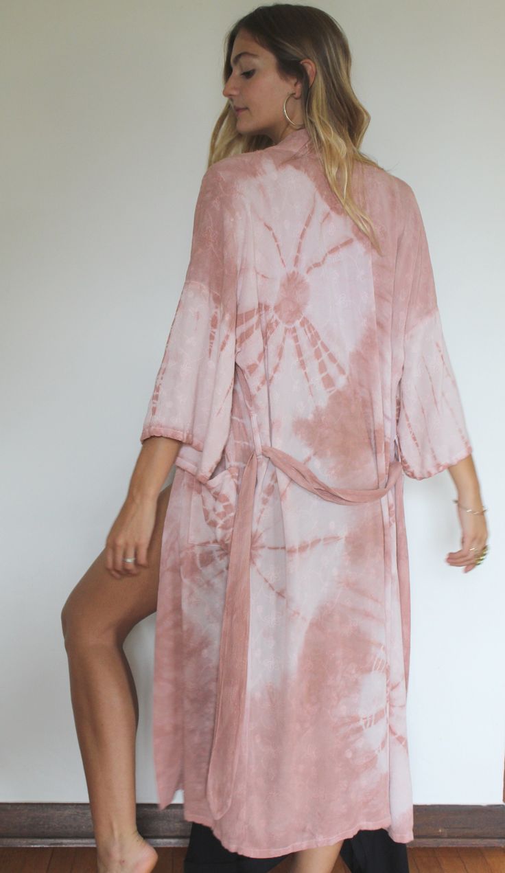 △ EMBODY YOURSELF △ Wrap yourself up in our long length kimono style robe, adorned with flattering tie dye stripes as decorative trim border & spiral shapes. Convenient front pockets with belt/sash included! Layer on top of anything and everything in your closet to transition any look easily from day-to-night. Robe is elegant for outings but also easily worn lounging around the house or even for coverage from the sun while gardening. 100% High Quality Rayon Fabric with Embroidery Details. Ul Spring Kimono With Tie Waist For Beach, Summer Daywear Kimono With Tie Waist, Summer Kimono With Tie Waist For Daywear, Beach Kimono With Belted Kimono Sleeves, Spring Kaftan With Tie Waist And Kimono Sleeves, Spring Kaftan With Kimono Sleeves And Tie Waist, Spring Festival Cover-up With Tie Waist, Summer Bohemian Robe With Tie Waist, Summer Long Robe With Tie Waist