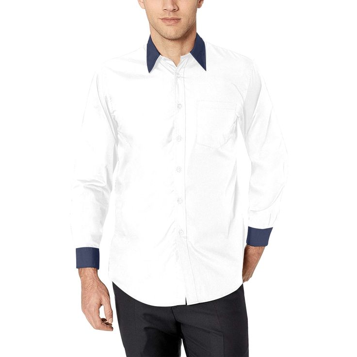 Men's white shirt with blue button-down collar and cuffs Formal Blue Dress Shirt With Long Sleeves, Blue Long Sleeve Dress Shirt For Office, Navy Formal Shirt For Spring, Blue Long Sleeve Shirt With Cuffed Sleeves, Navy Long Sleeve Semi-formal Shirt, Navy Fitted Dress Shirt For Formal Occasions, Elegant Navy Dress Shirt For Formal Occasions, Navy Fitted Formal Dress Shirt, Navy Long Sleeve Shirt For Office