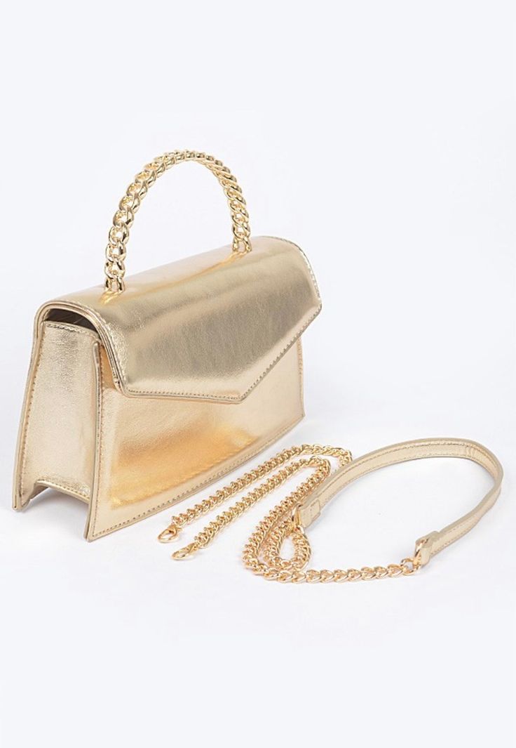 This Metallic Gold Vegan Leather Purse is a show-stopping powerhouse that will transform any look! Featuring a removable cross-body strap and a chic chain strap that turns it into a handbag, this handbag puts the "fun" in function. It's 8.5” x 5” x 2” of gold-plated Plyutherane and mixed material perfection. You'll shine brighter than a disco ball with this statement-making purse! Gold Handbag, How To Make Purses, Gold Handbags, Look Your Best, Disco Ball, Gold Leather, Leather Purse, Metallic Gold, Chain Strap