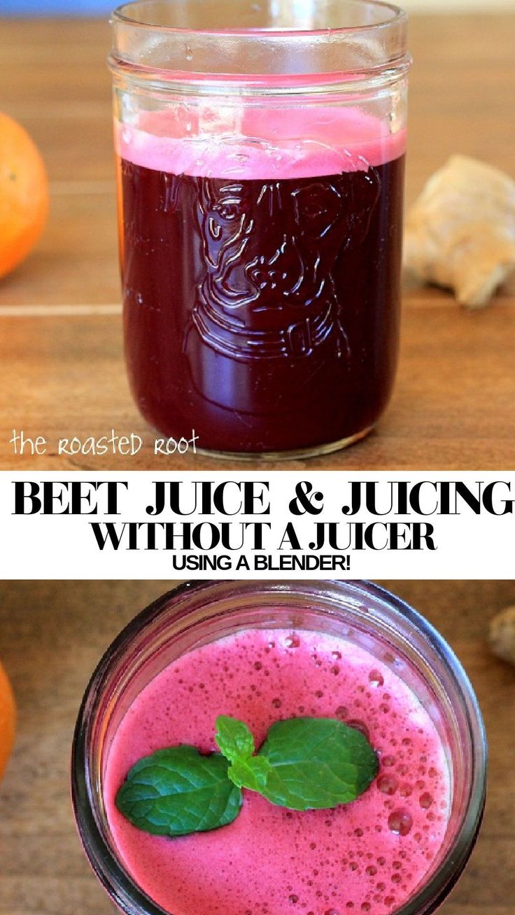 two different shots of beet juice and hings, with text overlay