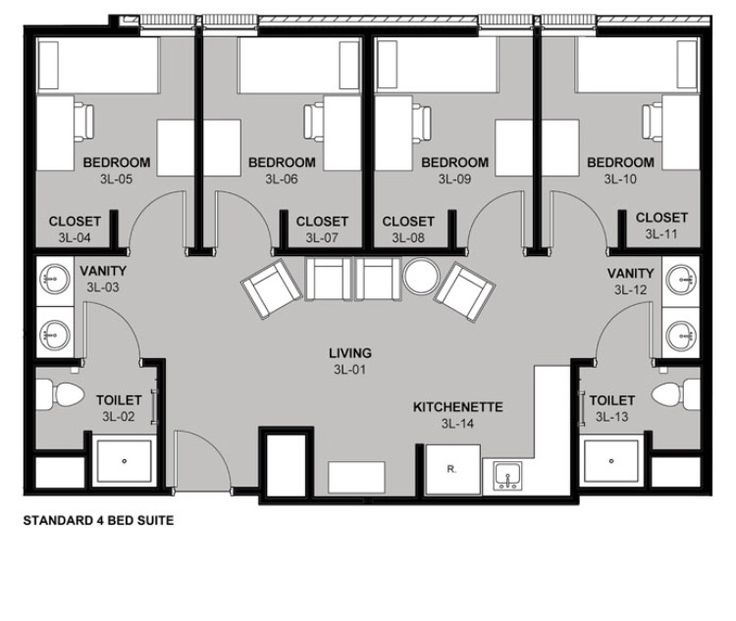 the standard studio apartment floor plan is shown in black and white, with three separate rooms