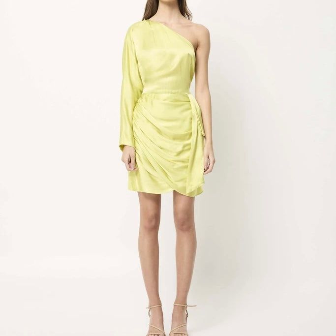 Silky, Chartreuse Cocktail Dress With One Shoulder Sleeve And Zipper Closure Silk A-line Dress For Brunch, Chic Green Mini Dress For Dinner, Spring Party Sheath Asymmetrical Dress, Spring Evening Sheath Asymmetrical Dress, Asymmetrical Sheath Dress For Spring Party, Spring Silk Midi Dress One Shoulder, Yellow One-shoulder Cocktail Mini Dress, Yellow One Shoulder Cocktail Mini Dress, Silk Ruched Dress For Brunch