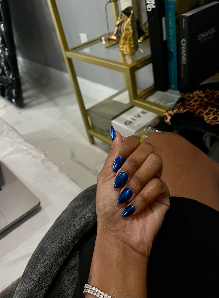 Chrome electric blue almond shape nails  
Dark Blue nails Black Nails Blue Chrome, Chrome Royal Blue Nails, Dark Blue With Chrome Nails, Navy Metallic Nails, Royal Blue Crome Nails, Cobalt Blue Chrome Nails, Dark Blue Metallic Nails, Dark Blue Chrome Nails French Tip, Navy Chrome French Tip Nails