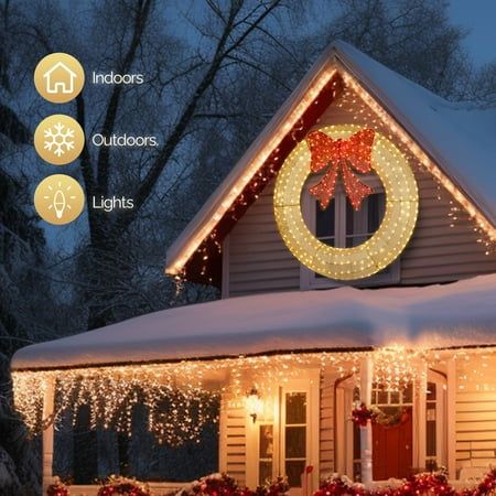 a house covered in christmas lights and wreaths with the words light up your home