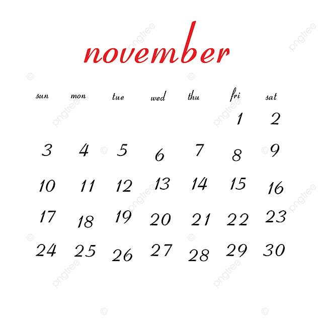 a november calendar with the word november written in red ink on white paper and an image of