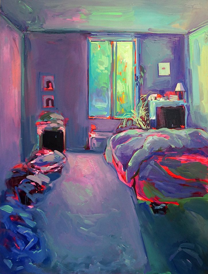 an oil painting of a bedroom with blue walls and purple carpeted flooring, along with a bed in the foreground