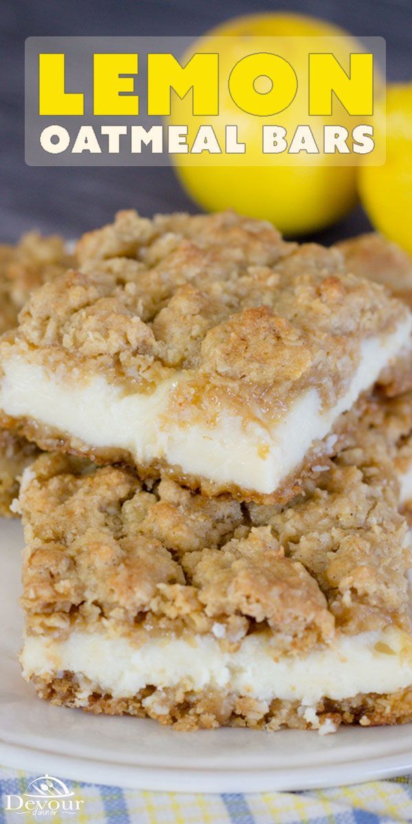 two lemon oatmeal bars stacked on top of each other with the title overlay