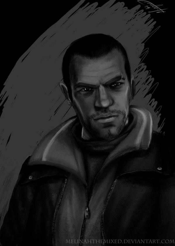 a black and white drawing of a man in a leather jacket looking at the camera