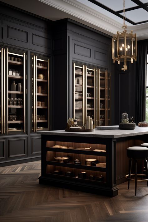 an elegant kitchen with black walls and wooden floors