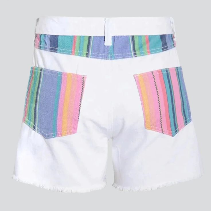 Be the envy of the streets in the 2023 Summer Collection of neon-striped distressed denim shorts! These stylish shorts combine street style with modern flare. offering a unique look that will make you stand out from the crowd.Distinctive Features: Painted Neon Stripes: The bold neon stripes add a touch of wild. vivid color that will make you the center of attention. Wide-Leg Design: The wide-leg design offers a modern silhouette. ensuring you look on-trend no matter the occasion. High-Waist: The Retro White Shorts With Pockets, White Cotton Shorts With Contrast Stripes, Trendy Striped Shorts With Built-in Shorts, Retro White Shorts For Spring, White Retro Shorts For Spring, White Cotton Shorts With Vertical Stripes, White Vertical Stripes Shorts, White Vertical Striped Shorts, Summer Striped High-waisted Jean Shorts