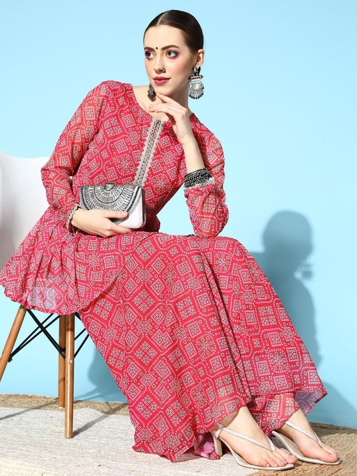 Women Bandhani Poly-Chiffon Print Parade Kurta Set - Inddus.com Designer Georgette Palazzo Set With Bandhani Print, Festive Anarkali Tunic Palazzo Set, Anarkali Style Palazzo Set For Navratri, Eid Bandhani Print Georgette Palazzo Set, Long Sleeve Bandhani Print Salwar Kameez, Long Sleeve Salwar Kameez With Bandhani Print, Transitional Long Sleeve Georgette Palazzo Set, Traditional Bandhani Print Georgette Palazzo Set, Designer Georgette Kurta With Printed Motifs