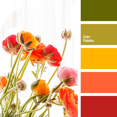 a vase filled with lots of flowers next to a color swatch in shades of red, orange and yellow