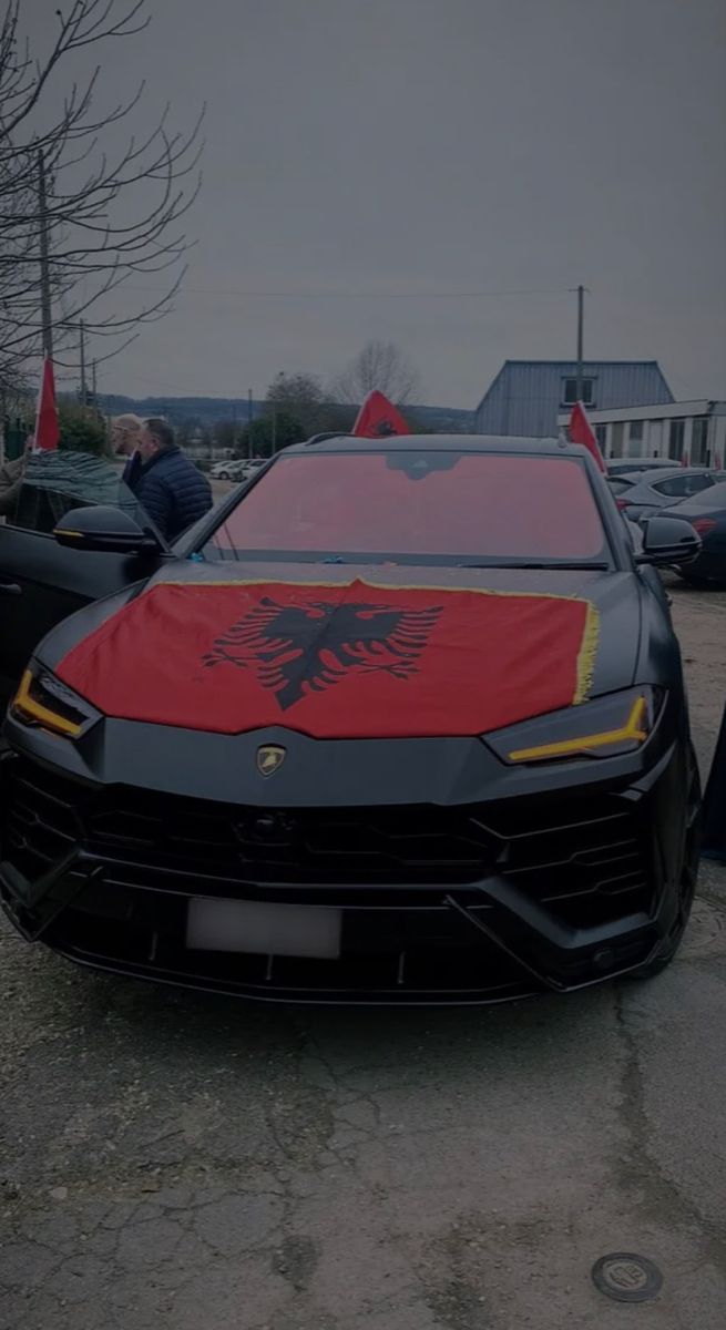 a black sports car with a red eagle on it's hood parked in a parking lot